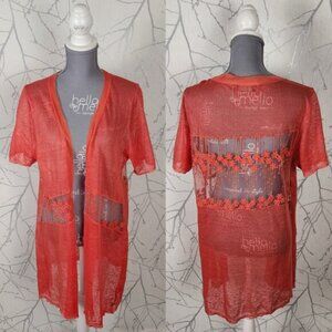 Red Coral Orange 100% Linen Floral Mesh Panel Open Cardigan
